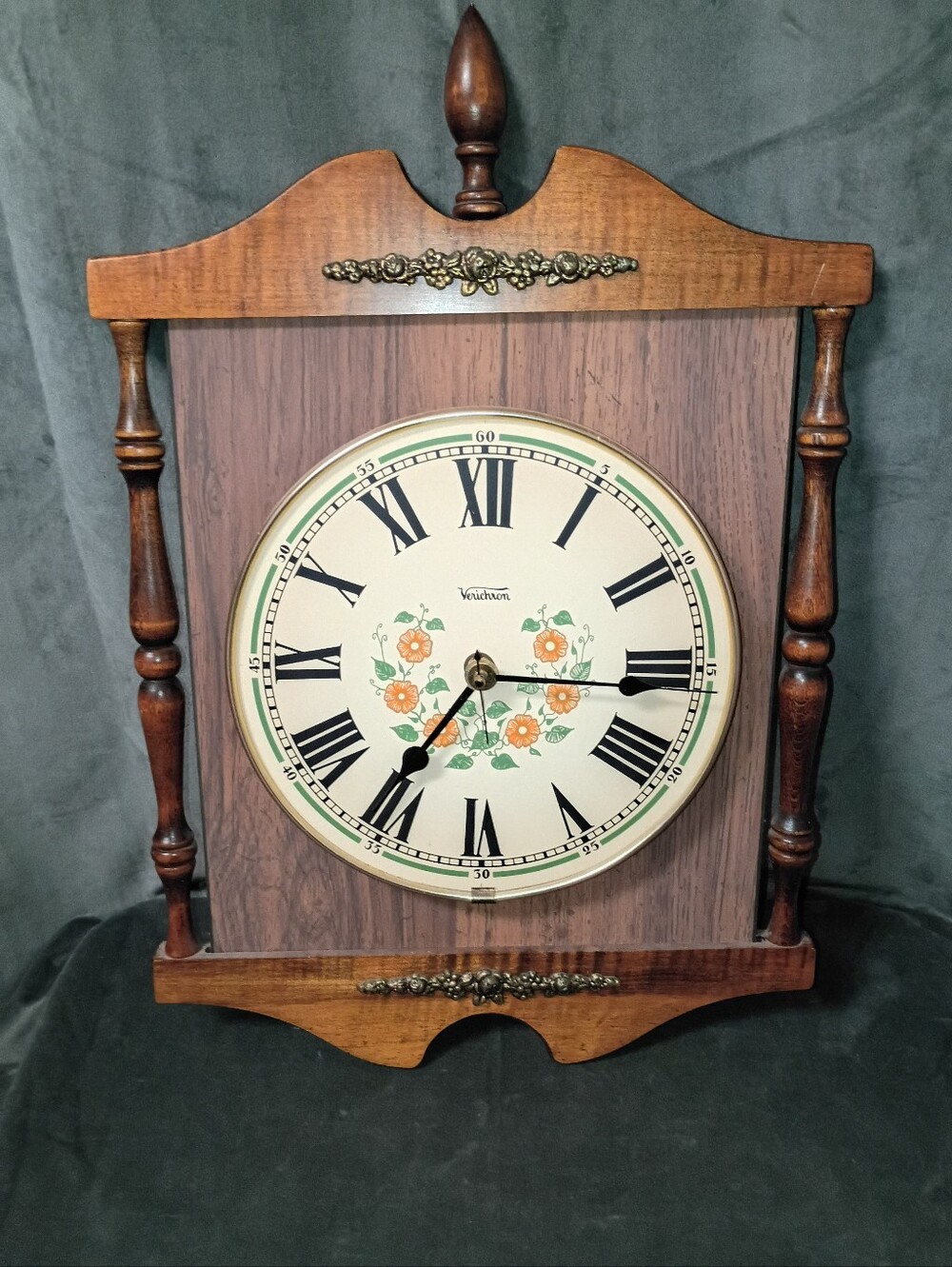 Vintage Verichron Cottagecore Wall Clock with Orange Floral Dial And Wood Case